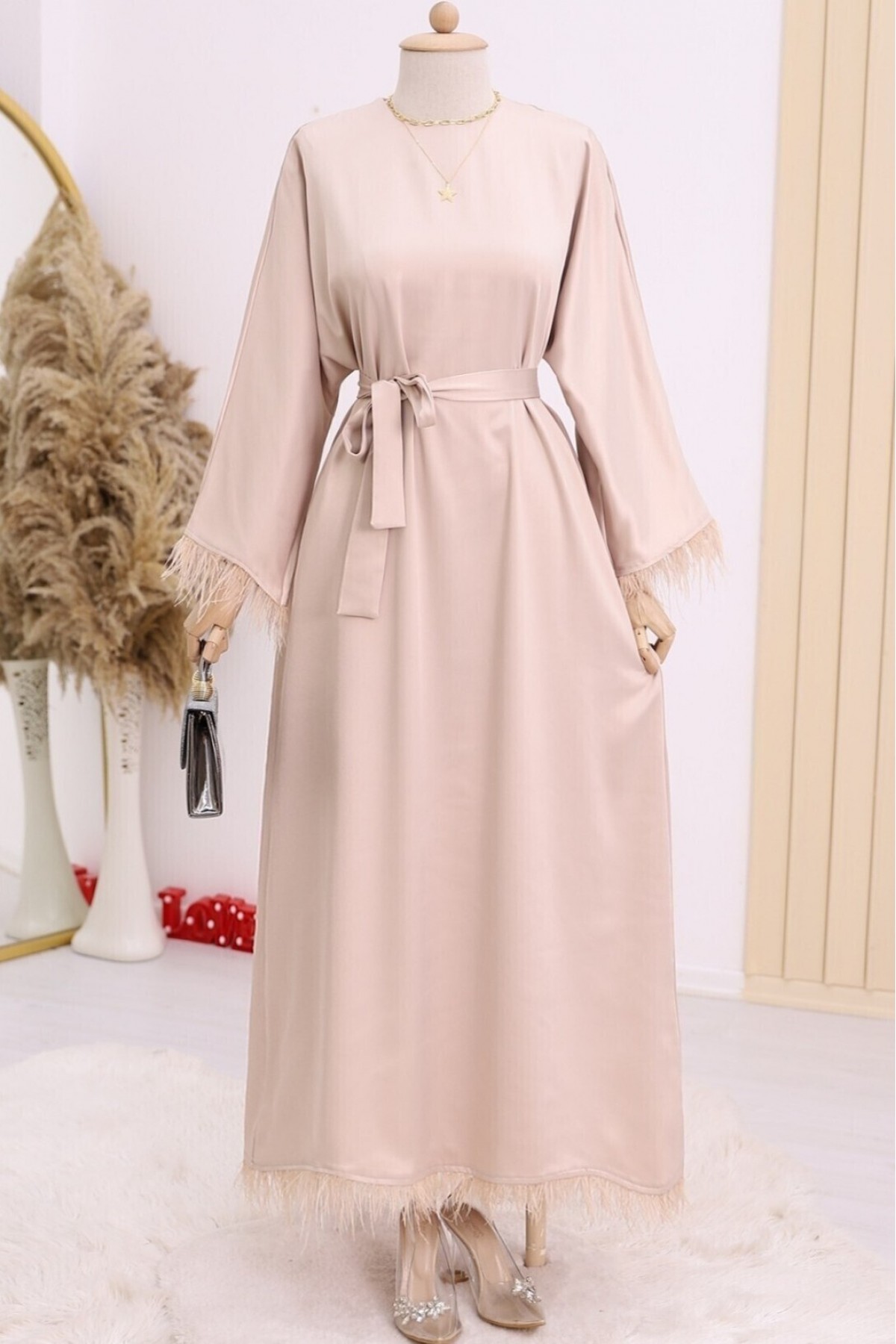 Round Neck Skirt and Sleeves Feathered Satin Dress - Beige