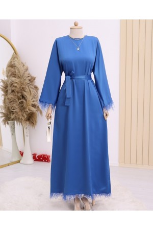 Yuvarlak Yaka Eteği ve Kolları Tüylü Saten Elbise -İndigo