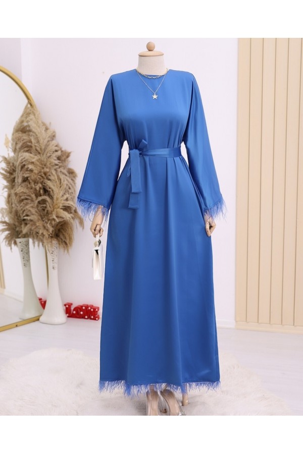 Round Neck Skirt and Sleeves Feathered Satin Dress -İndigo