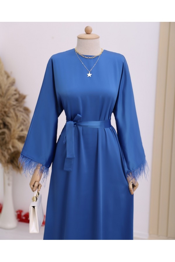 Round Neck Skirt and Sleeves Feathered Satin Dress -İndigo