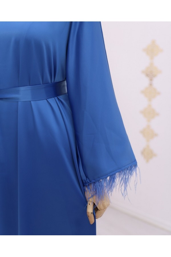 Round Neck Skirt and Sleeves Feathered Satin Dress -İndigo