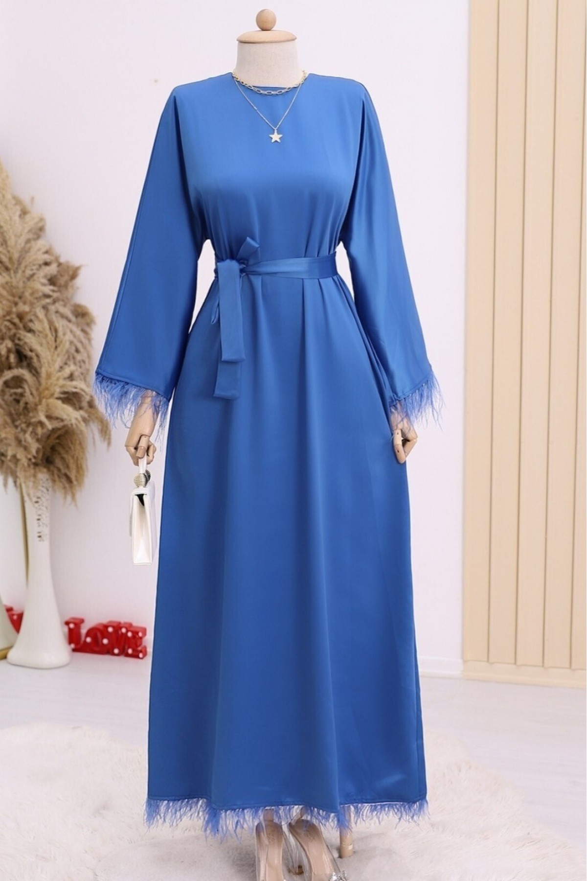 Round Neck Skirt and Sleeves Feathered Satin Dress -İndigo
