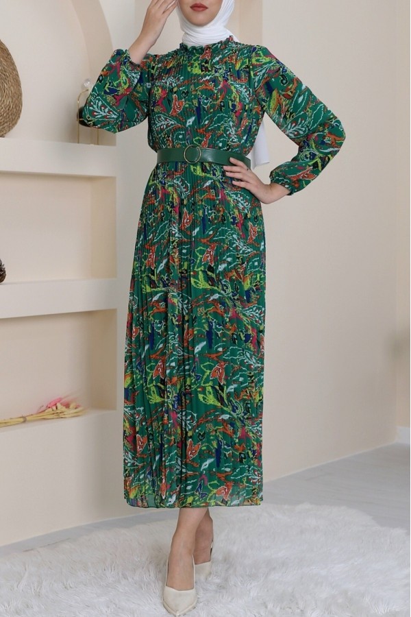 Front Pleated Belt Chiffon Dress -Emerald
