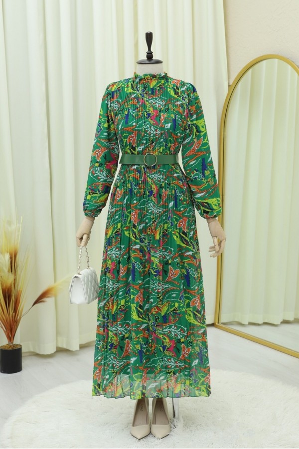 Front Pleated Belt Chiffon Dress -Emerald