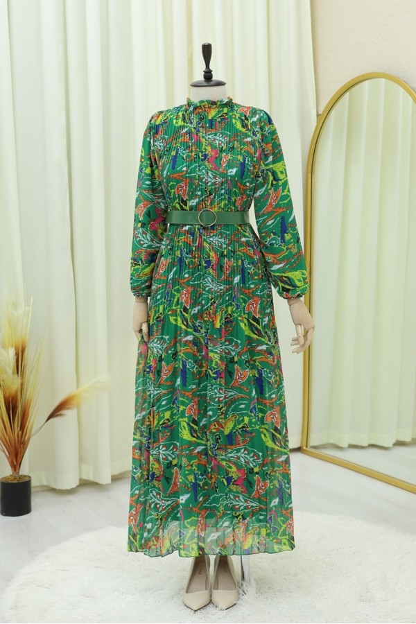 Front Pleated Belt Chiffon Dress -Emerald