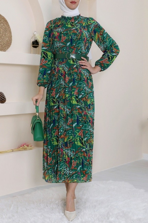 Front Pleated Belt Chiffon Dress -Emerald