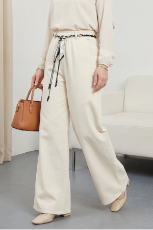 Bol Paça Beli Lastikli Kemerli Cepli Keten Pantolon  -Beyaz