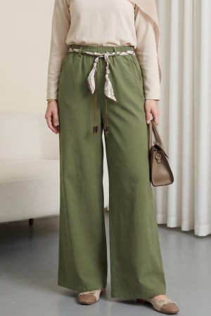 Bol Paça Beli Lastikli Kemerli Cepli Keten Pantolon  -Haki