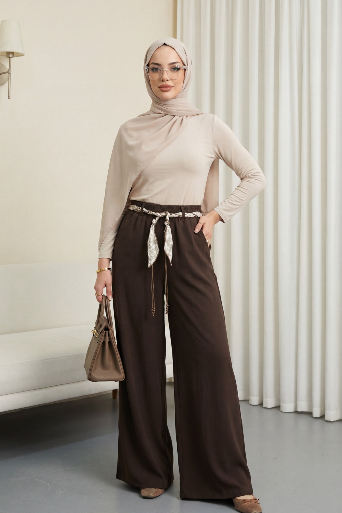 Wide-leg linen trousers with elasticated waist, belt, and pockets. -Brown
