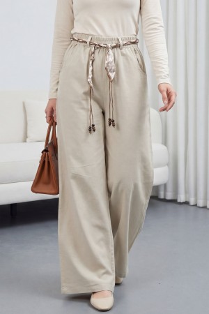Bol Paça Beli Lastikli Kemerli Cepli Keten Pantolon  -Krem