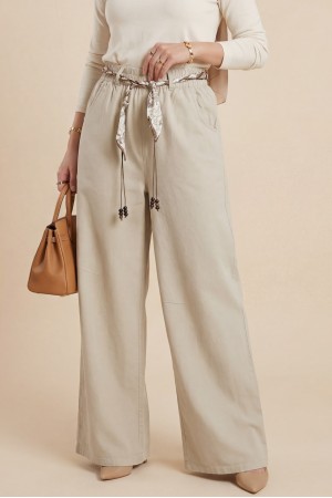 Bol Paça Beli Lastikli Kemerli Cepli Keten Pantolon  -Krem