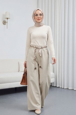 Bol Paça Beli Lastikli Kemerli Cepli Keten Pantolon  -Krem