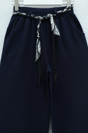 Bol Paça Beli Lastikli Kemerli Cepli Keten Pantolon  -Laci