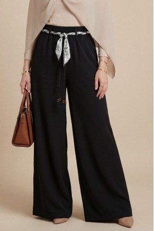 Bol Paça Beli Lastikli Kemerli Cepli Keten Pantolon  -Siyah