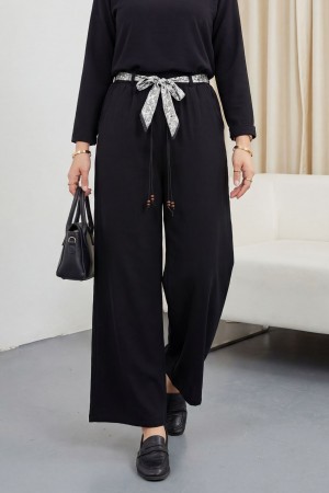 Bol Paça Beli Lastikli Kemerli Cepli Keten Pantolon  -Siyah