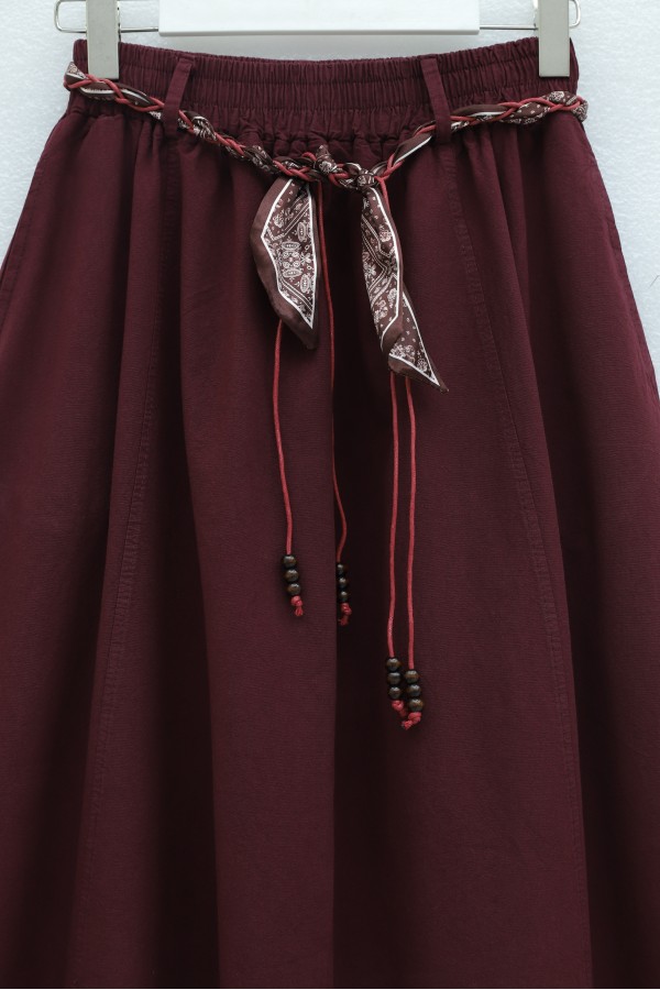 Linen Skirt with Elastic Waistband, Belt, and Pockets -Maroon