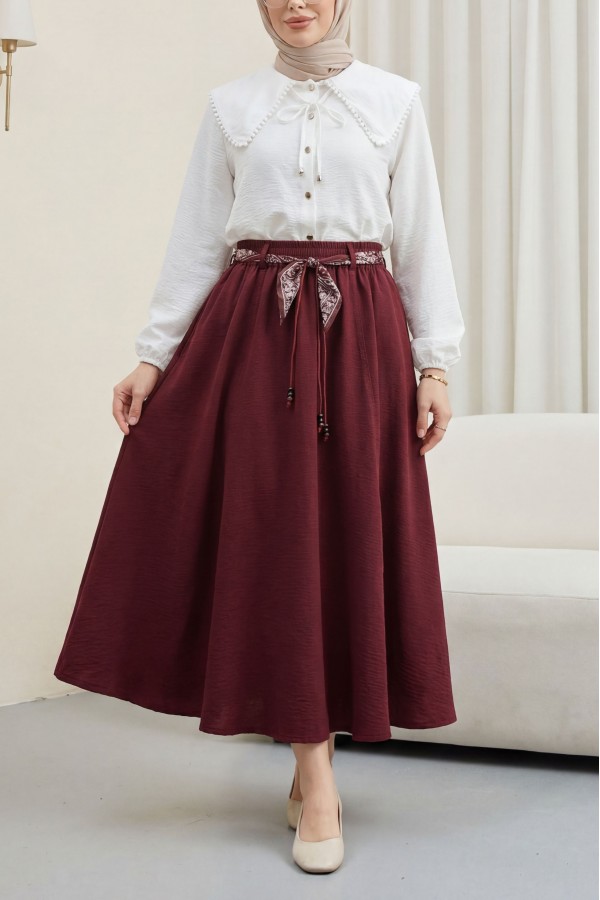 Linen Skirt with Elastic Waistband, Belt, and Pockets -Maroon