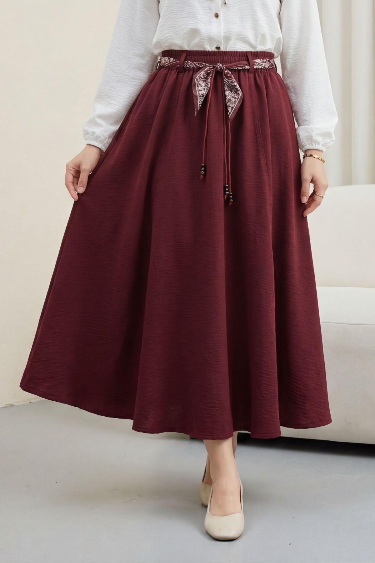 Linen Skirt with Elastic Waistband, Belt, and Pockets -Maroon
