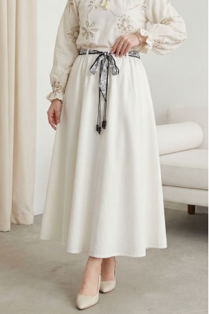 Beli Lastikli Kemerli Cepli Keten Etek -Ekru