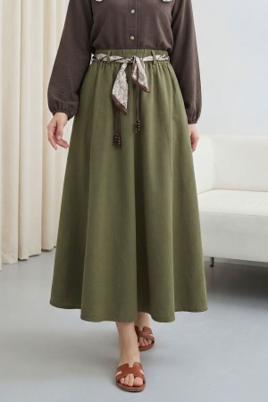 Beli Lastikli Kemerli Cepli Keten Etek -Haki