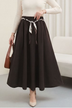 Beli Lastikli Kemerli Cepli Keten Etek -Kahve
