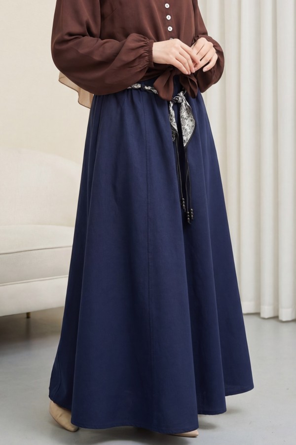 Linen Skirt with Elastic Waistband, Belt, and Pockets -Navy blue
