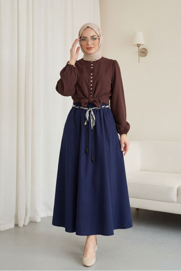 Linen Skirt with Elastic Waistband, Belt, and Pockets -Navy blue