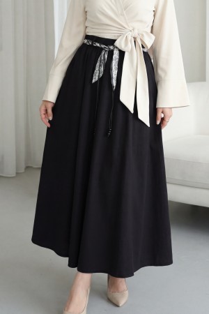 Beli Lastikli Kemerli Cepli Keten Etek -Siyah