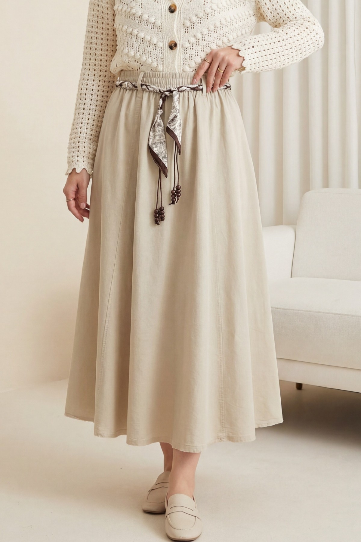 Linen Skirt with Elastic Waistband, Belt, and Pockets -Stone