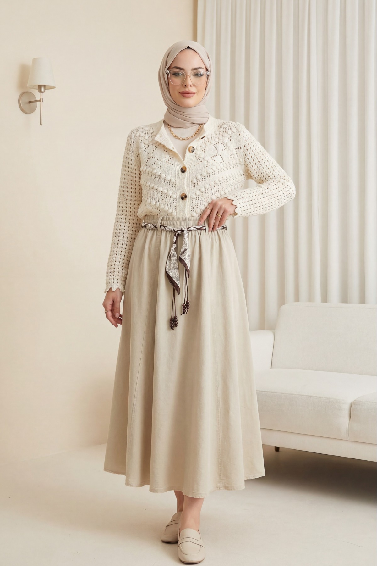 Linen Skirt with Elastic Waistband, Belt, and Pockets -Stone