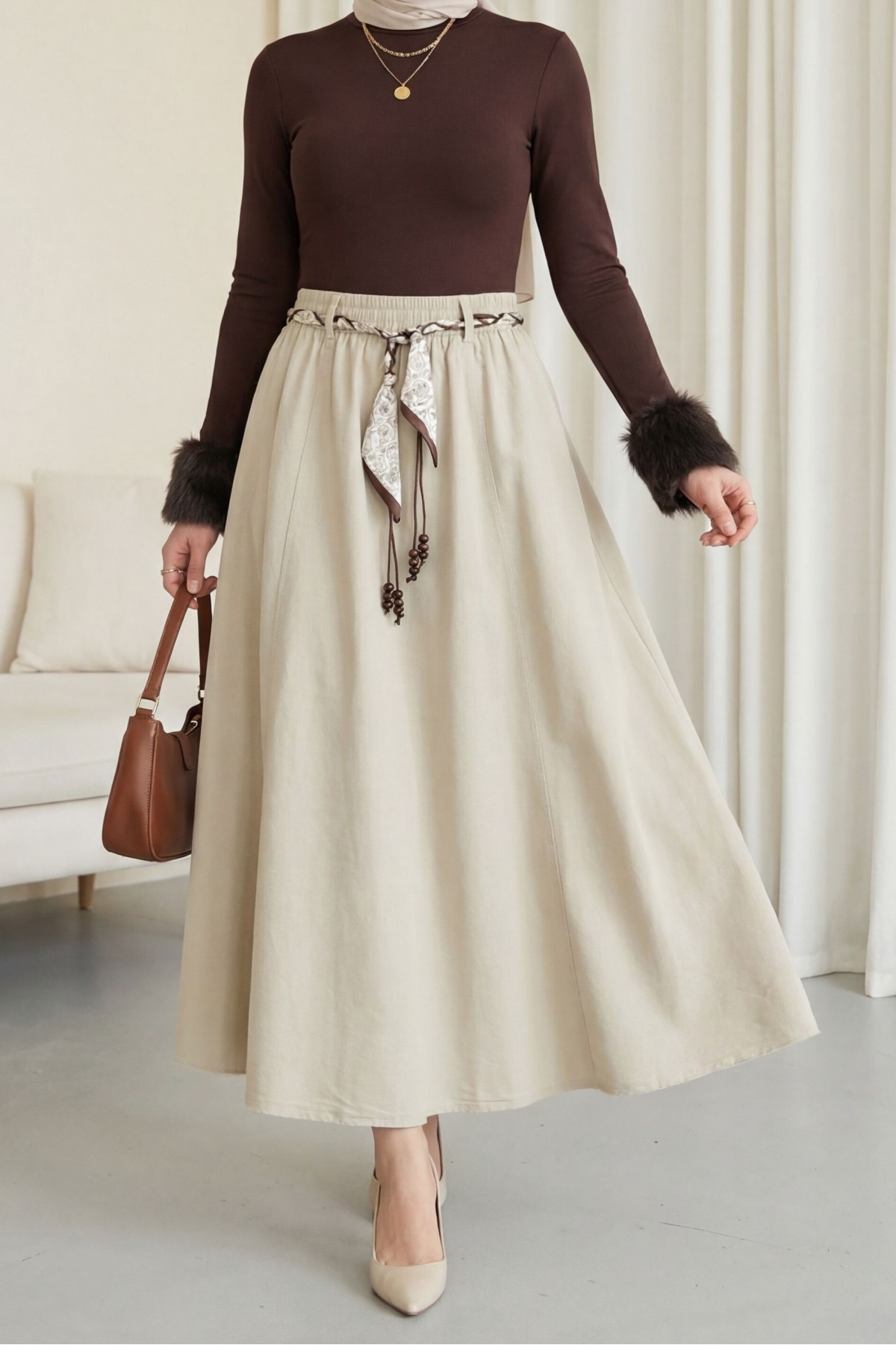 Linen Skirt with Elastic Waistband, Belt, and Pockets -Stone