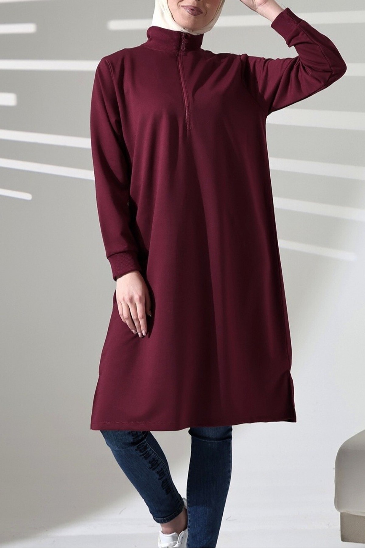 Yarım Fermuarlı Yırtmaçlı Uzun Tunik -Bordo