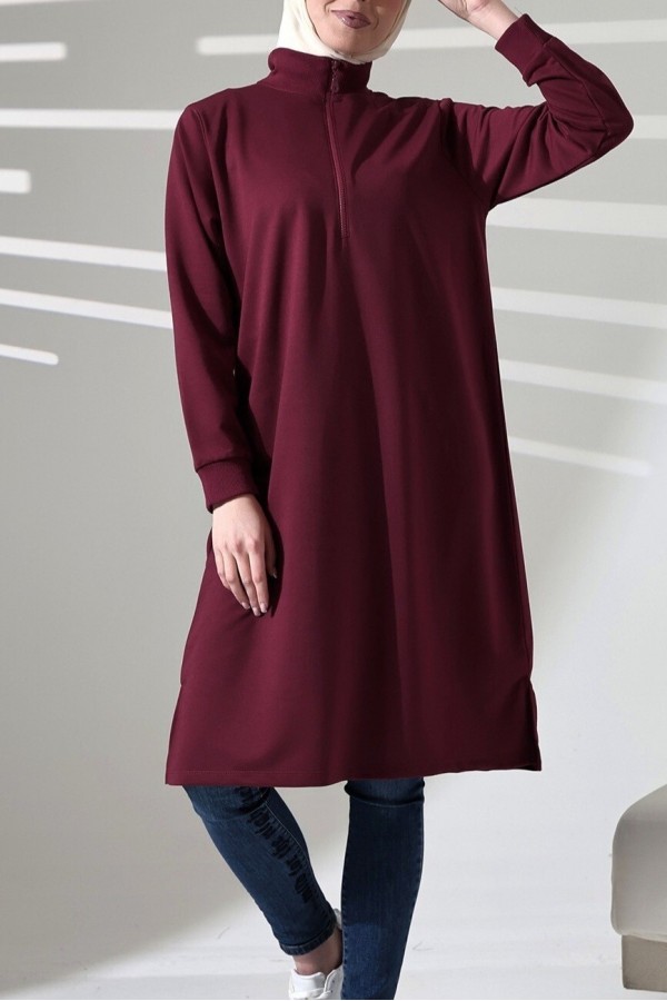Yarım Fermuarlı Yırtmaçlı Uzun Tunik -Bordo