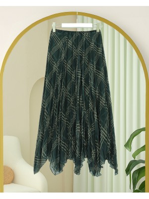 Eteği Asimetrik Kesim Astarlı Şifon Etek -Haki