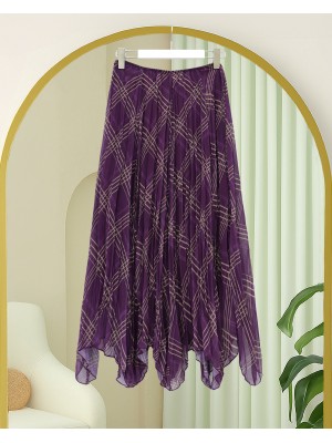 Eteği Asimetrik Kesim Astarlı Şifon Etek -Mor