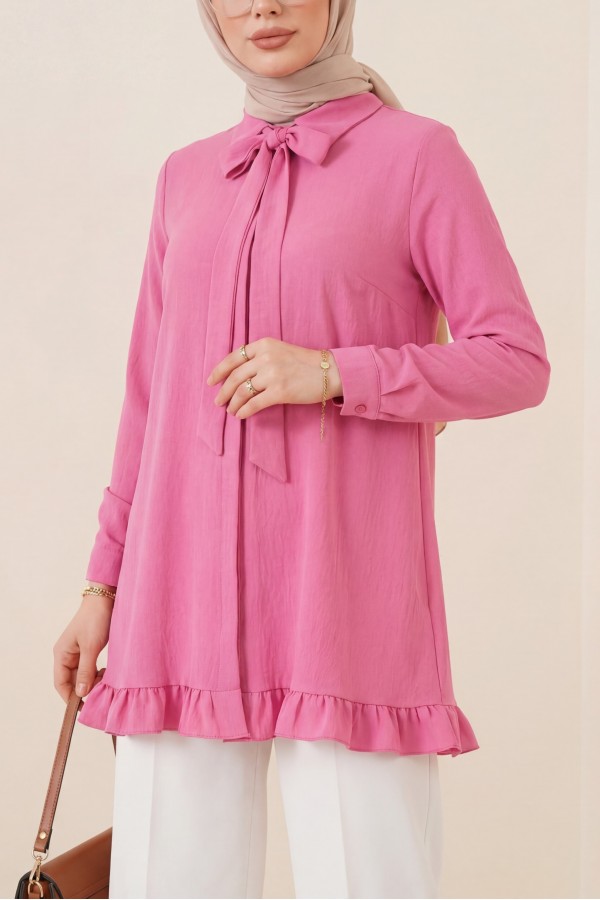 Modal Tunic with Ruffled Hem, Drawstring Waist and Hidden Buttons -Pink