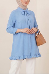 Modal Tunic with Ruffled Hem, Drawstring Waist and Hidden Buttons  -Baby Blue