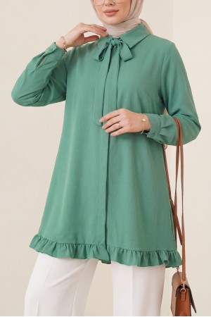 Eteği Fırfırlı Beli Bağcıklı Gizli Düğmeli Modal Tunik  -Koyu Yeşil