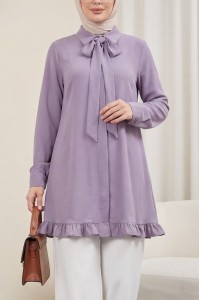 Modal Tunic with Ruffled Hem, Drawstring Waist and Hidden Buttons  -Lilac