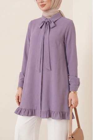 Eteği Fırfırlı Beli Bağcıklı Gizli Düğmeli Modal Tunik  -Leylak