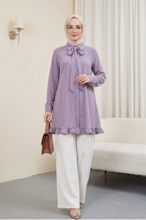 Eteği Fırfırlı Beli Bağcıklı Gizli Düğmeli Modal Tunik  -Leylak