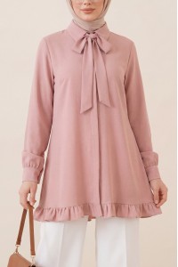 Eteği Fırfırlı Beli Bağcıklı Gizli Düğmeli Modal Tunik  -Pudra