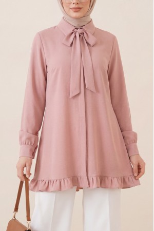 Eteği Fırfırlı Beli Bağcıklı Gizli Düğmeli Modal Tunik  -Pudra