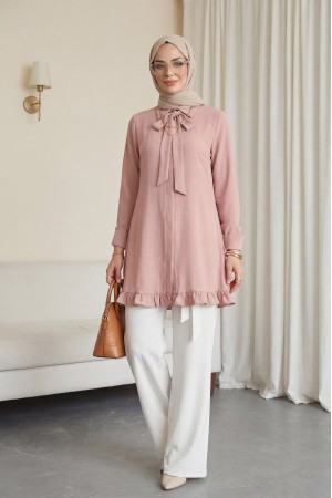 Eteği Fırfırlı Beli Bağcıklı Gizli Düğmeli Modal Tunik  -Pudra