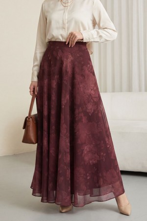 Yandan Fermuarlı Desenli Astarlı Şifon Etek -Bordo
