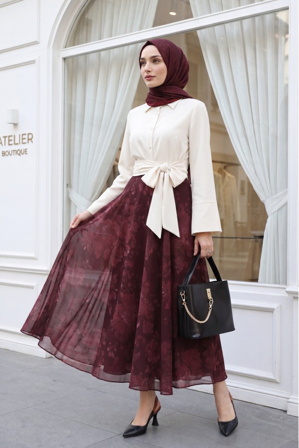 Yandan Fermuarlı Desenli Astarlı Şifon Etek -Bordo