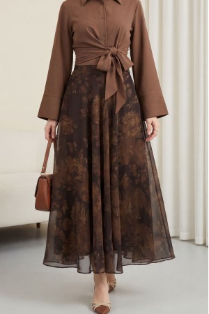 Yandan Fermuarlı Desenli Astarlı Şifon Etek -Kahve