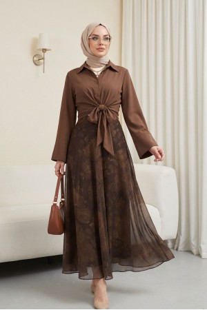 Yandan Fermuarlı Desenli Astarlı Şifon Etek -Kahve