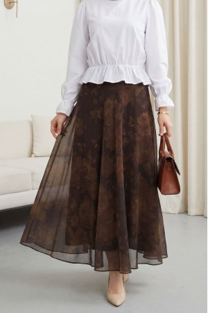 Yandan Fermuarlı Desenli Astarlı Şifon Etek -Kahve