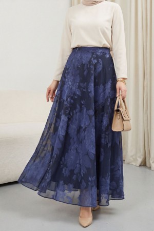 Yandan Fermuarlı Desenli Astarlı Şifon Etek -Laci
